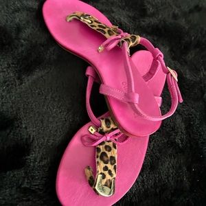 💖Pink leather and leopard pony sandals